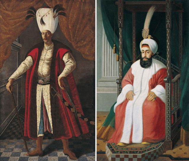 Sultan Mehmed IV (trái) và Sultan Selim III (phải) của đế chế Ottoman trong các biến tấu kaftan cổ truyền